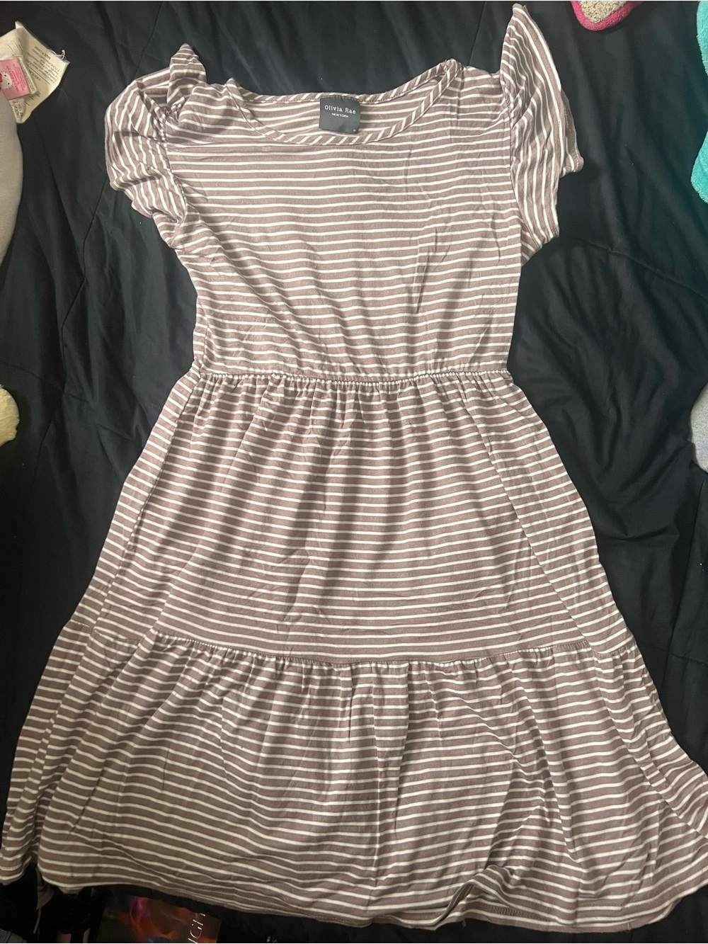Olivia Rae Mauve and White Striped Tiered Short Sleeve Midi Dress